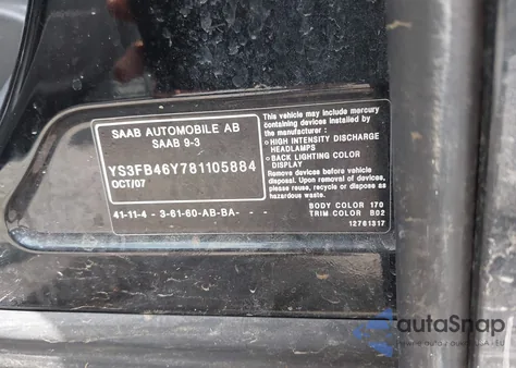 2008 Saab 9-3 2.0T from USA, damaged, VIN YS3FB46Y781105884